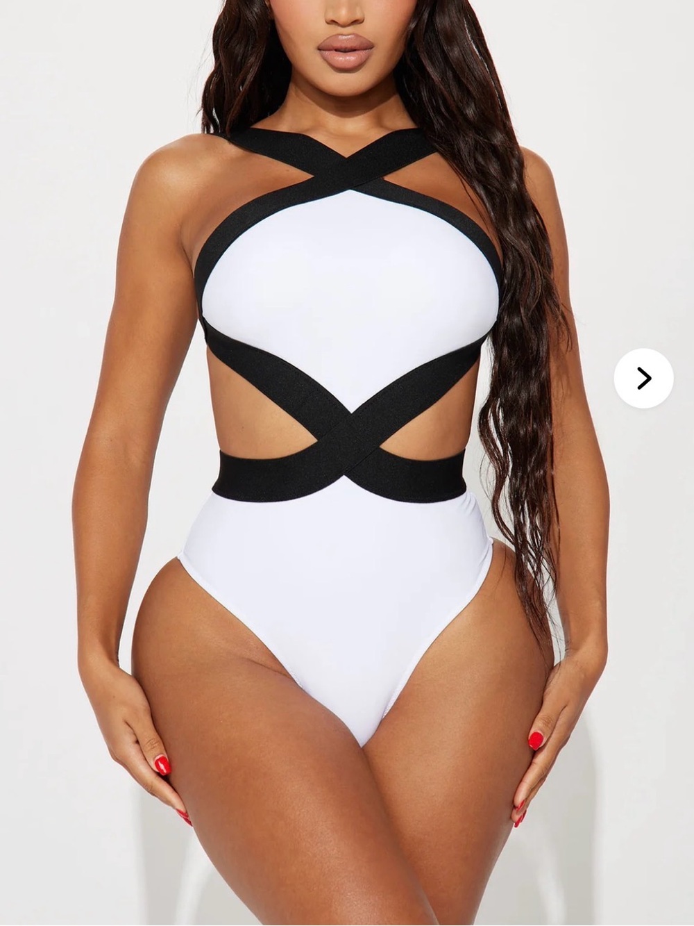 Fashion Nova White One-Piece Swimsuit with Black Crisscross Straps